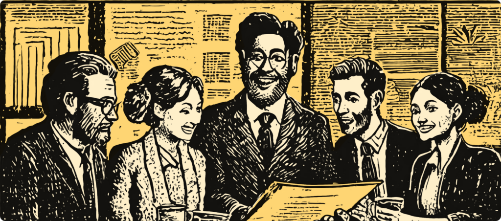 An illustration of investors reviewing a business plan. An illustration of investors reviewing a business plan.