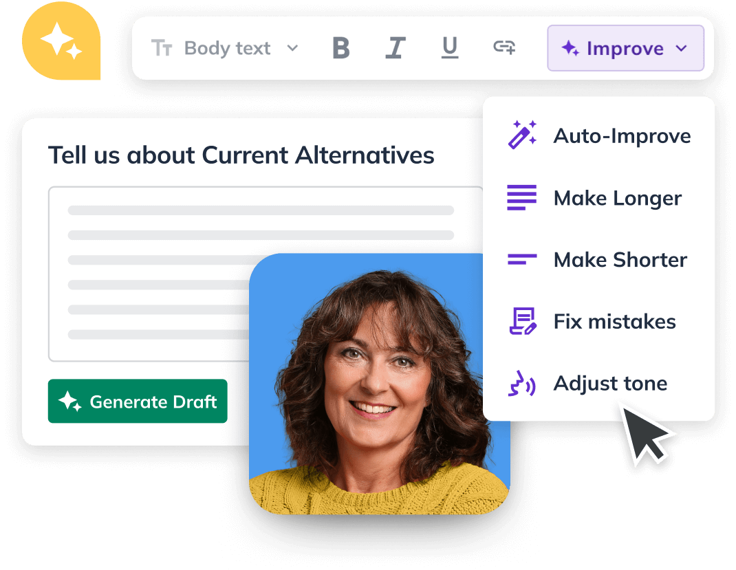 A text editing interface with options like "Auto-Improve" and "Adjust tone," alongside a smiling woman in a yellow sweater.