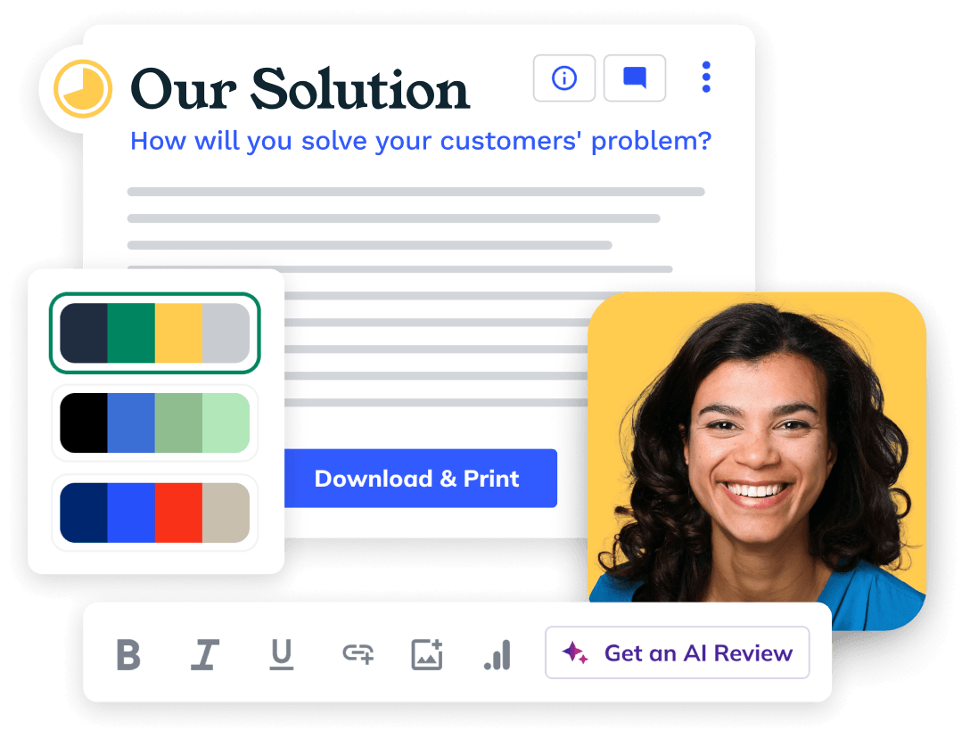 Collage showing a webpage titled "Our Solution," color palettes, a smiling woman, and options to download, print, and get an AI review.