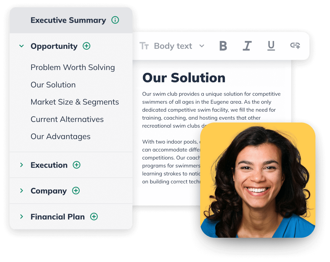 Business presentation interface with sidebar menu and smiling person. Text highlights solutions for swim clubs.