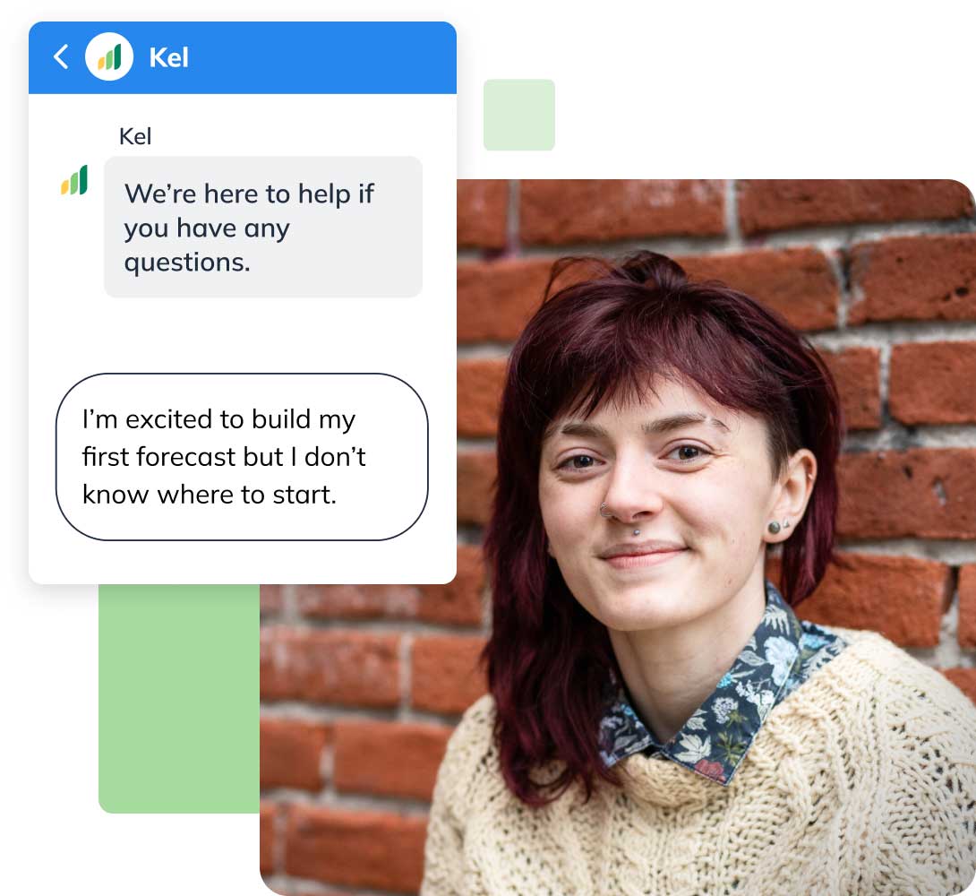 Smiling person with short red hair, wearing a patterned sweater, next to text bubbles about forecasting help against a brick wall.