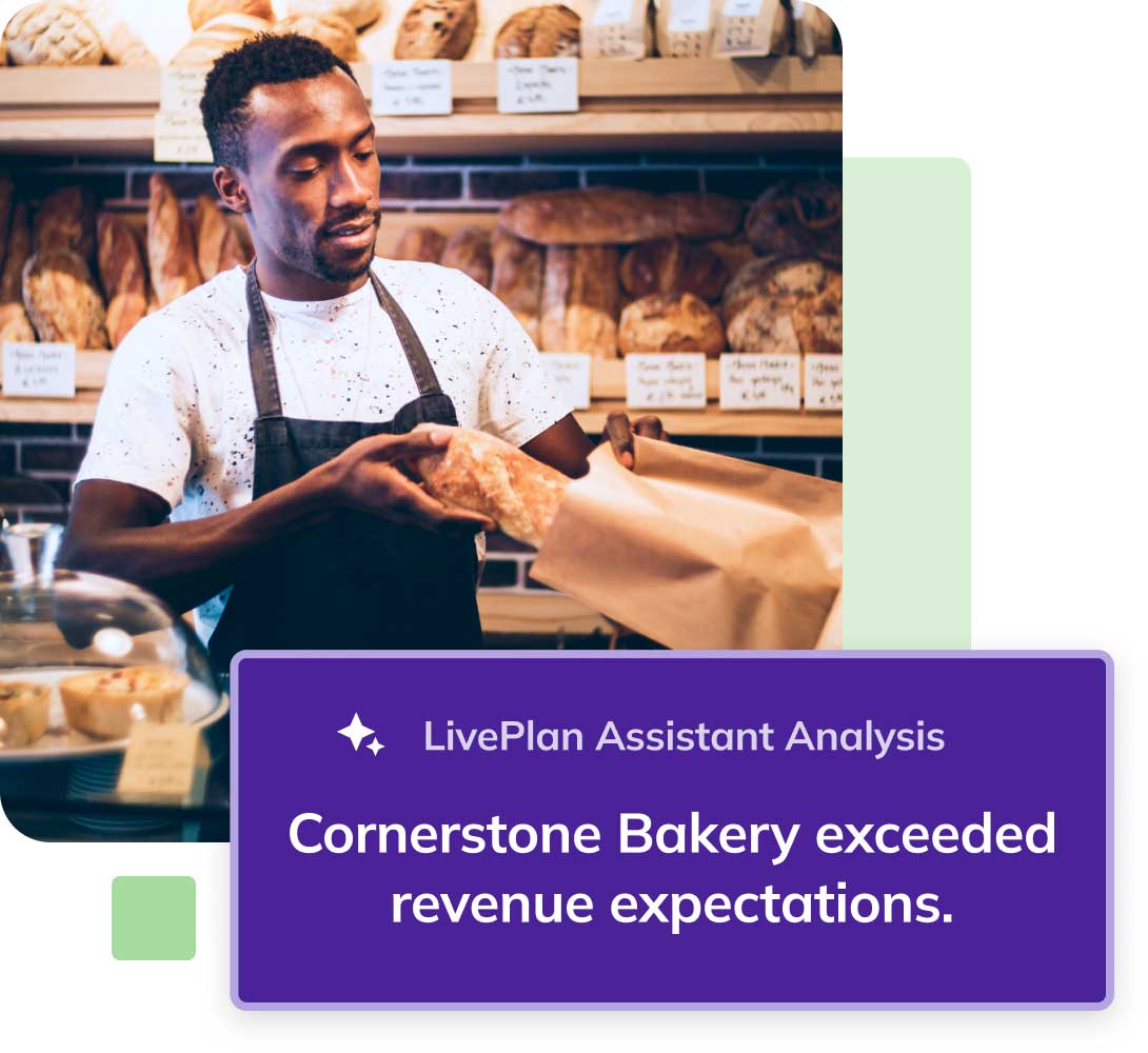 A baker placing bread into a paper bag with a display of loaves behind him. Text overlay reads: "Cornerstone Bakery exceeded revenue expectations."