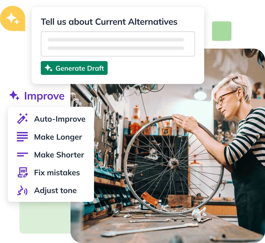 A person adjusts a bicycle wheel in a workshop. On the left are text options like "Improve," "Auto-Improve," and "Generate Draft."