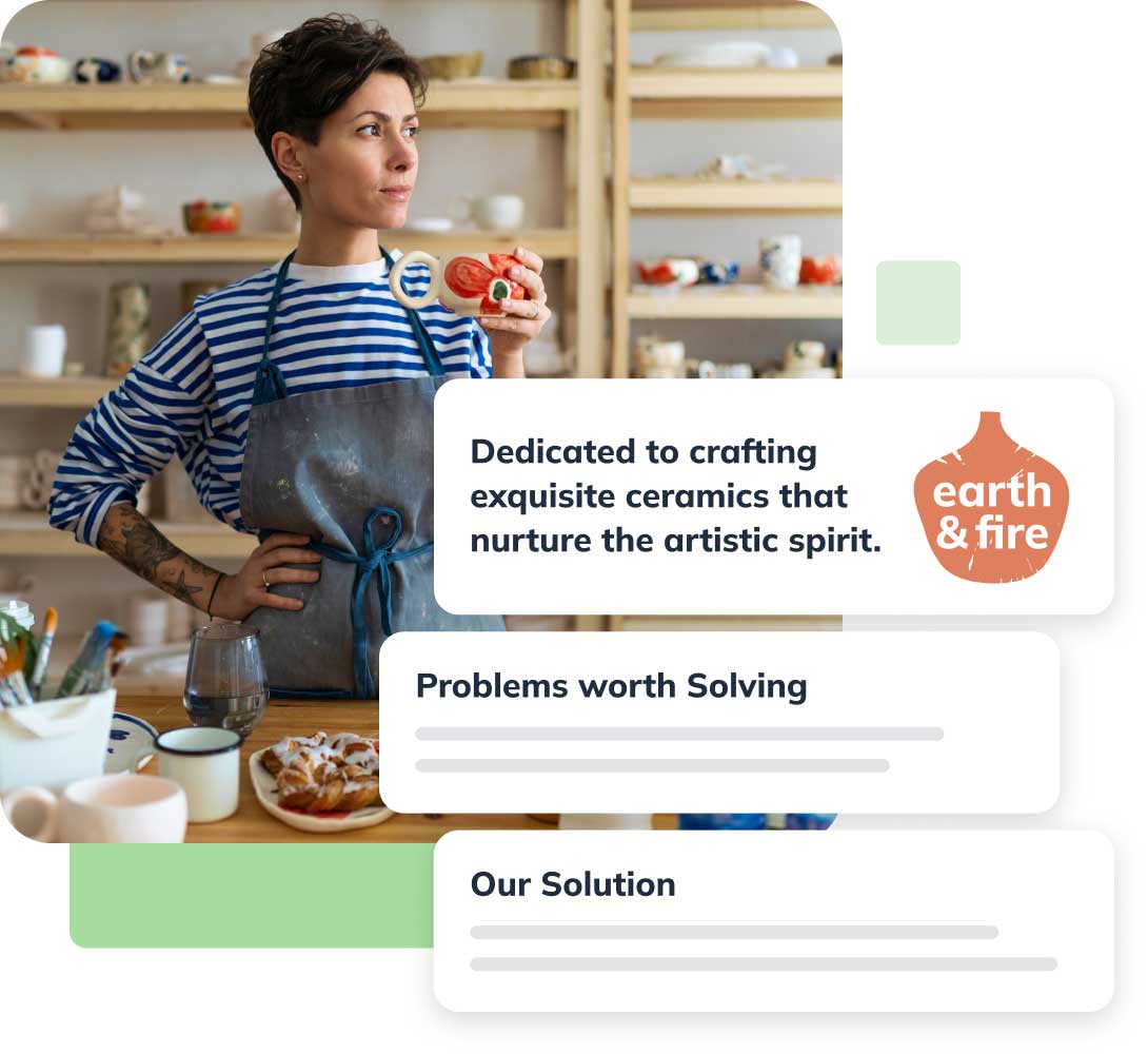 Person in striped shirt and apron holding a ceramic mug in a pottery studio. Text reads: "Dedicated to crafting exquisite ceramics."