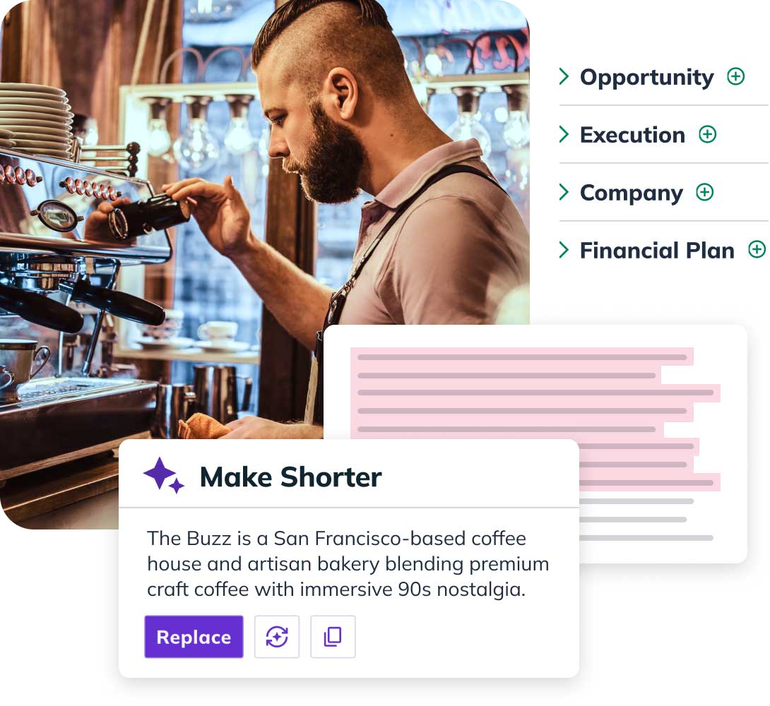 Barista making espresso with text boxes about coffee house description and strategic plans.