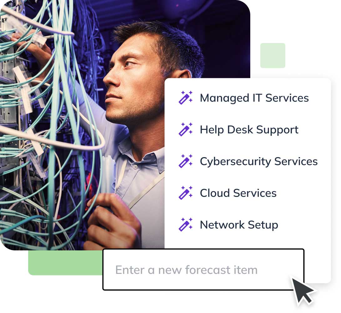 Technician examining server cables next to a menu listing services: Managed IT, Help Desk, Cybersecurity, Cloud, and Network Setup.