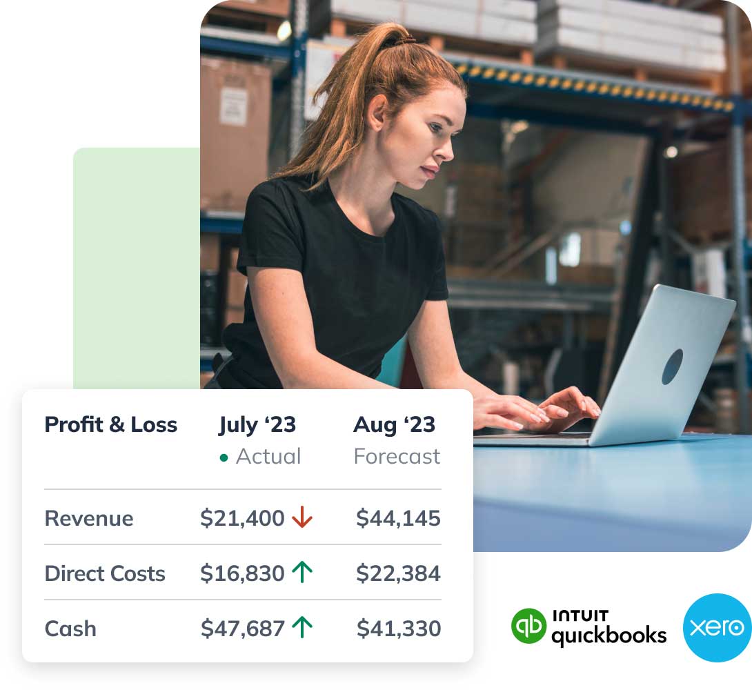 Woman working on a laptop in a warehouse with a Profit & Loss chart beside her showing financial data for July and August 2023.