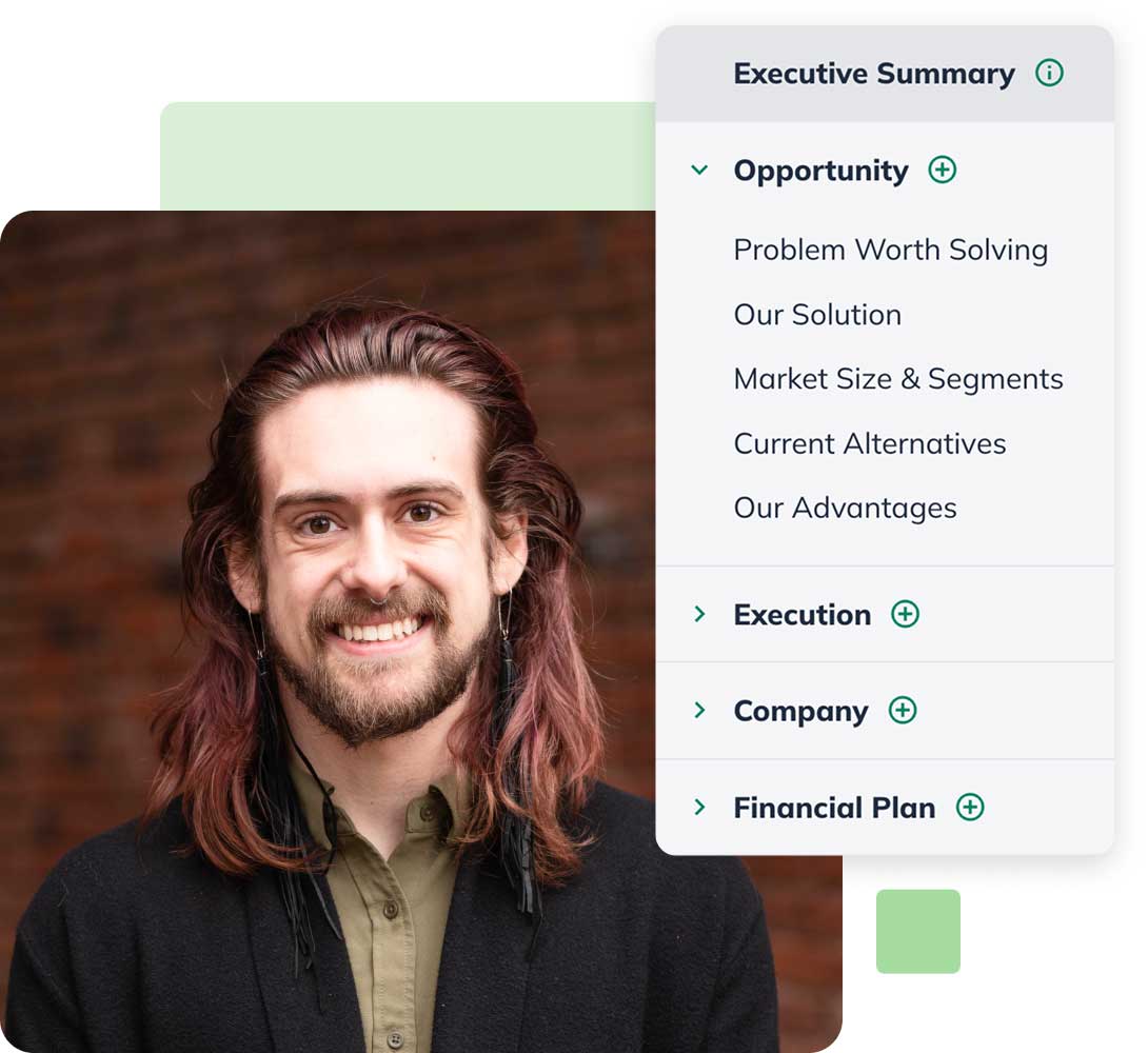 Person smiling with long hair and a beard, next to a business plan checklist featuring sections like Opportunity, Execution, and Financial Plan.