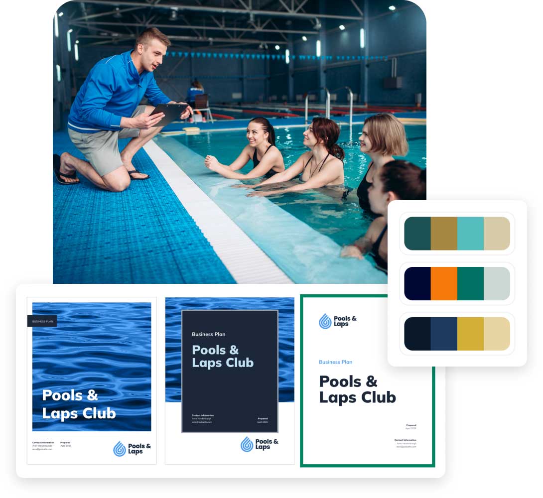 Man coaching swimmers at a poolside, discussing training. Below are designs for "Pools & Laps Club" business plans and color palettes.