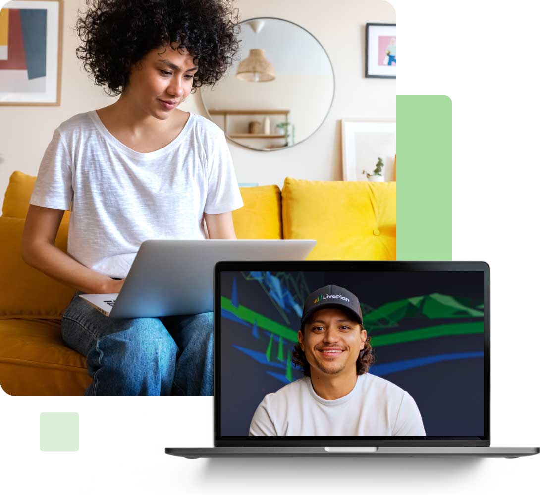 A woman on a yellow sofa uses a laptop, while a video call displays a smiling man wearing a cap on another screen in the foreground.