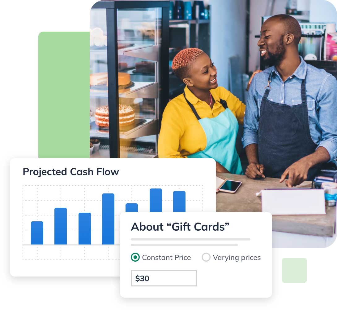 Smiling cafe owners stand at a counter, with a projected cash flow graph and gift card pricing options overlaid on the image.