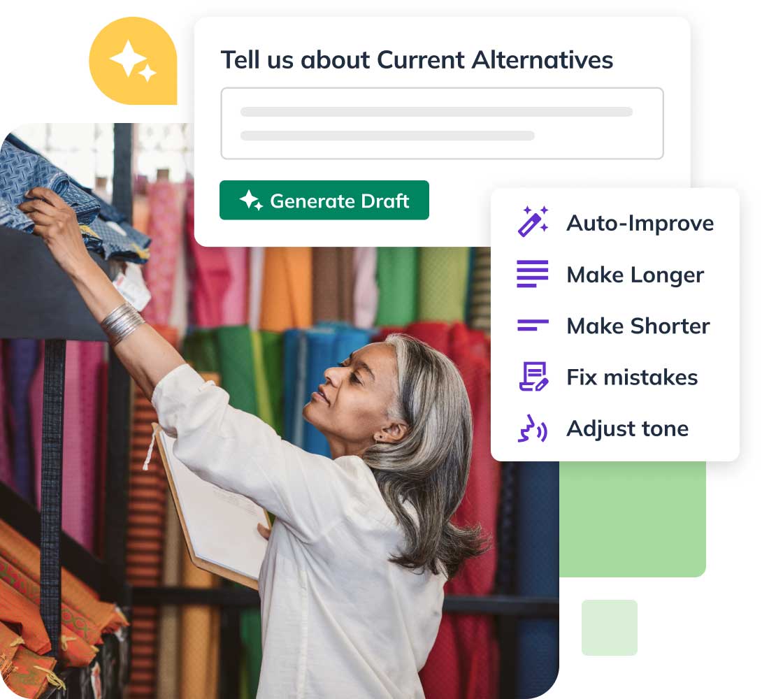 A person examines colorful fabrics while holding a clipboard. Text box says "Tell us about Current Alternatives" with options to edit text.