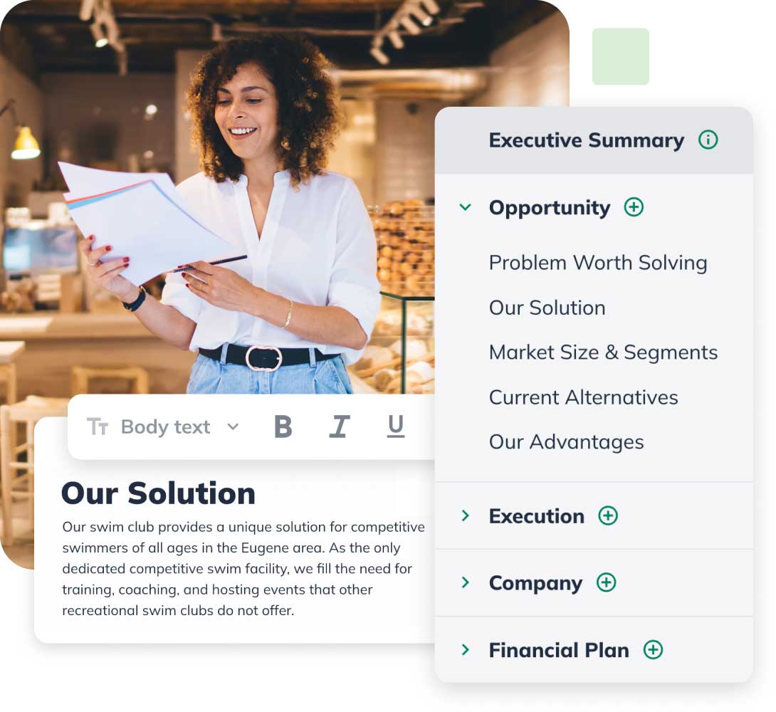 A person reviews documents next to a digital menu listing sections like "Opportunity" and "Execution" for a business proposal.