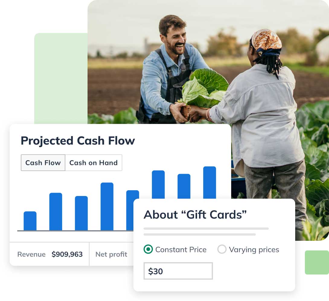 A farmer hands a cabbage to another person in a field. Overlay shows projected cash flow charts and a gift card price option, set at $30.
