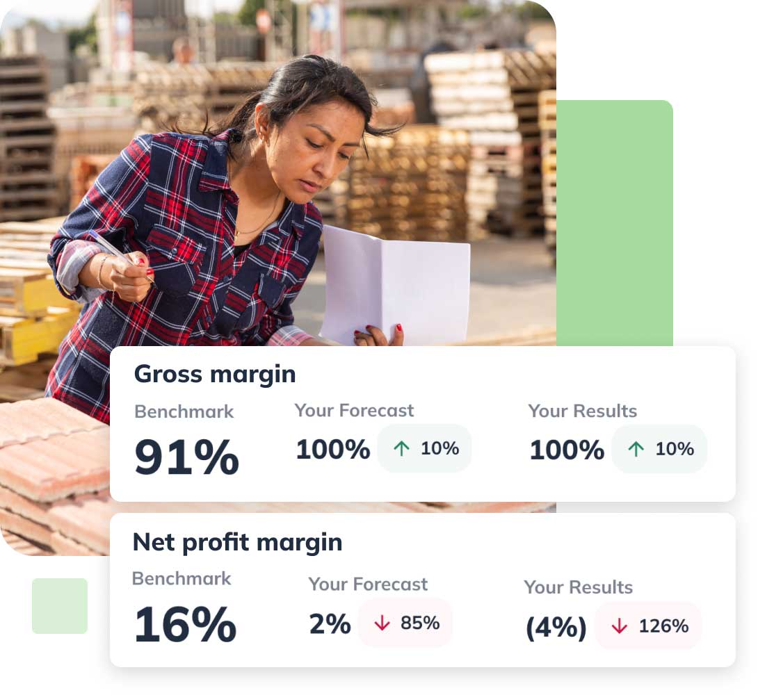 Woman in a plaid shirt inspects bricks while reviewing documents. Overlay shows gross margin and net profit margin statistics.