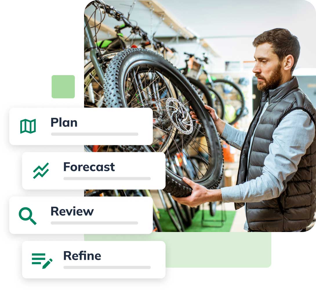 Man in a vest examines a bicycle wheel in a store; overlay text: "Plan, Forecast, Review, Refine" with related icons.