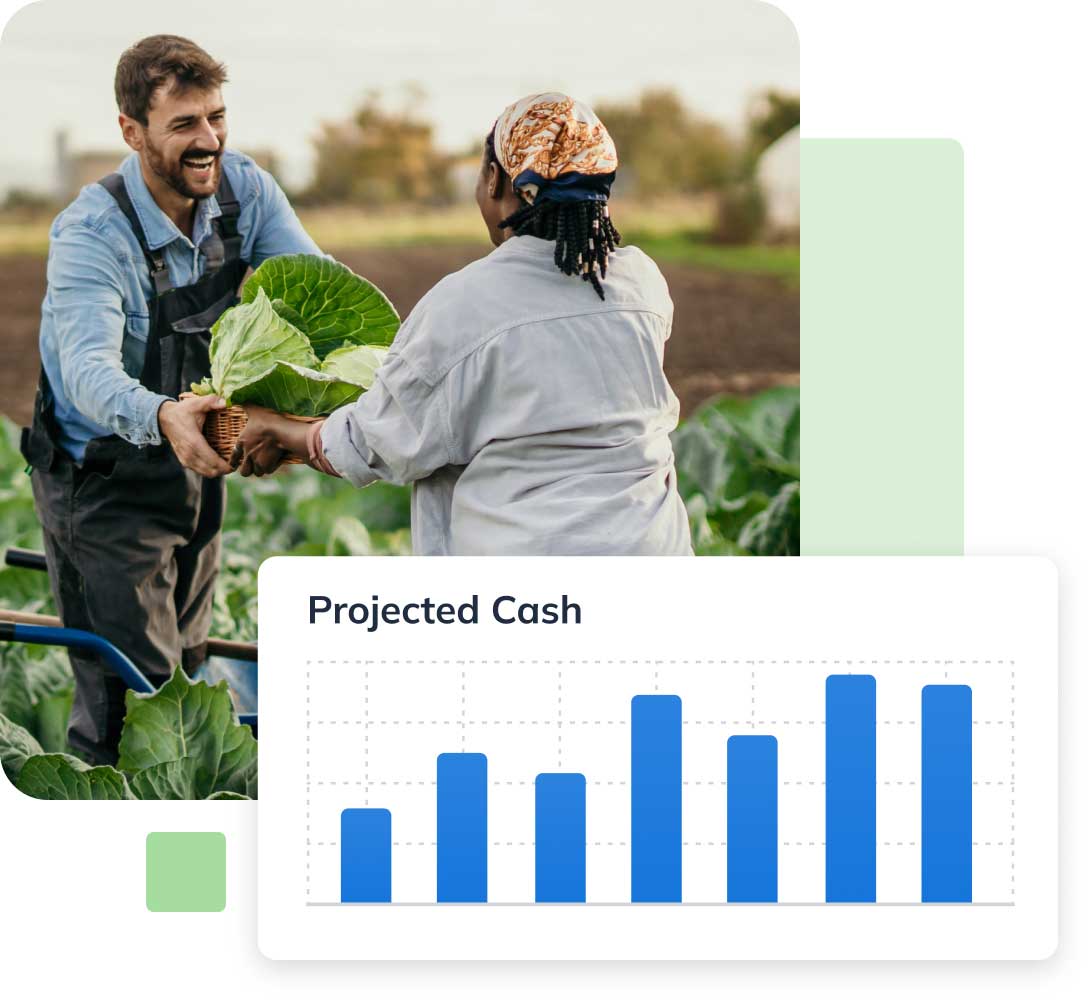 A farmer hands lettuce to a woman in a field. Below, a bar chart titled "Projected Cash" shows increasing values.