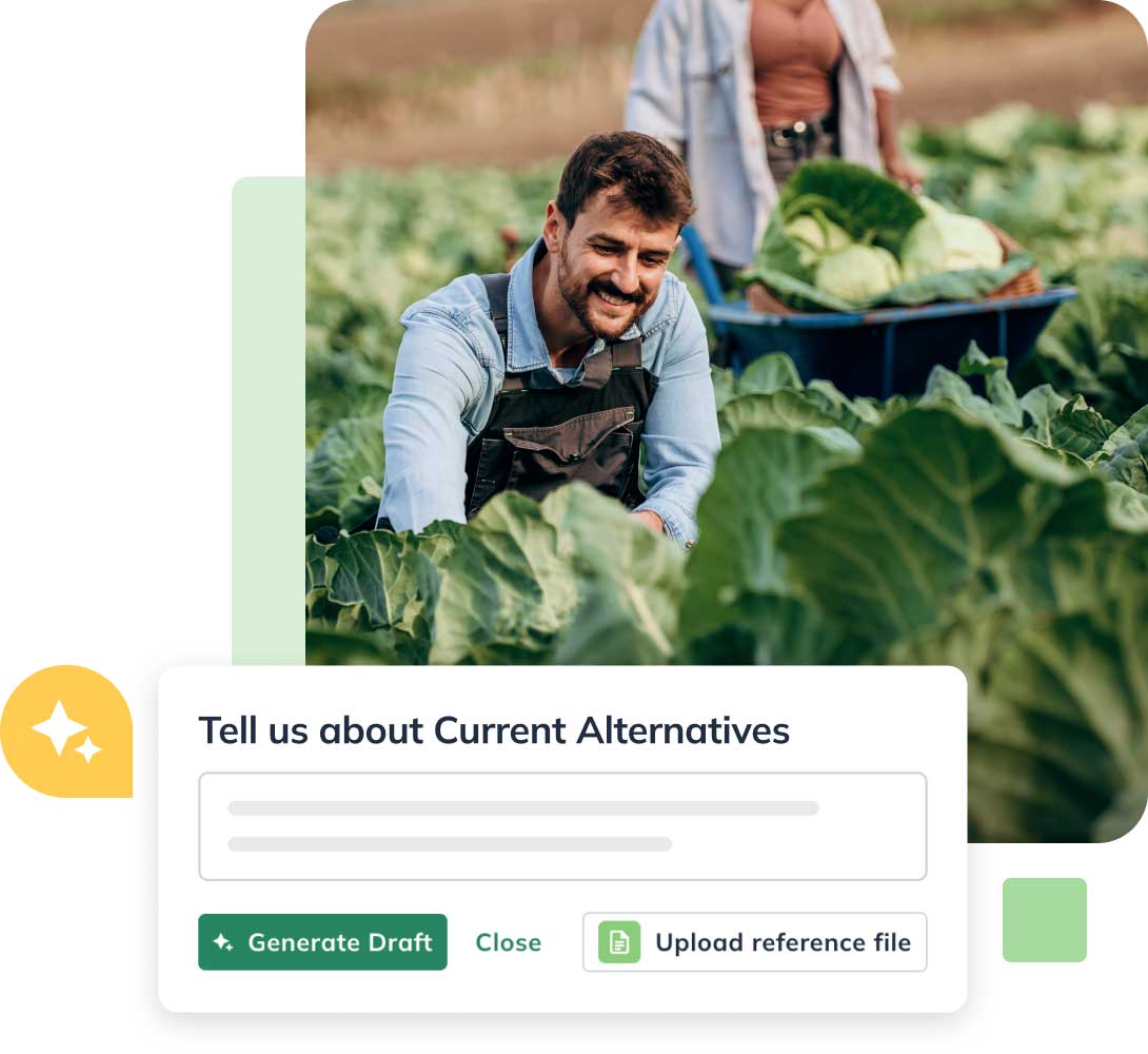 A person in overalls tending to a vegetable field with cabbages, next to an interface prompt about generating a draft.