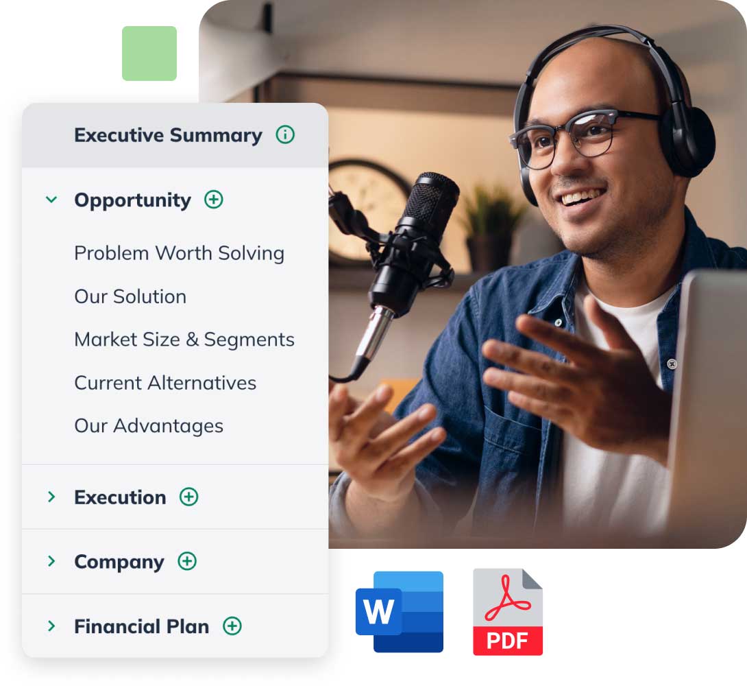 Person with headphones and microphone gestures while discussing a presentation with menu items like "Opportunity" and document icons.