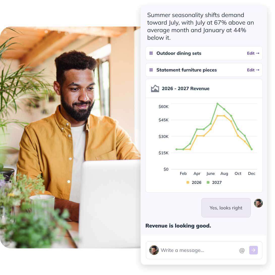 Man in a yellow shirt works at a laptop, with a sidebar displaying revenue graphs and text about seasonal demand shifts toward July.