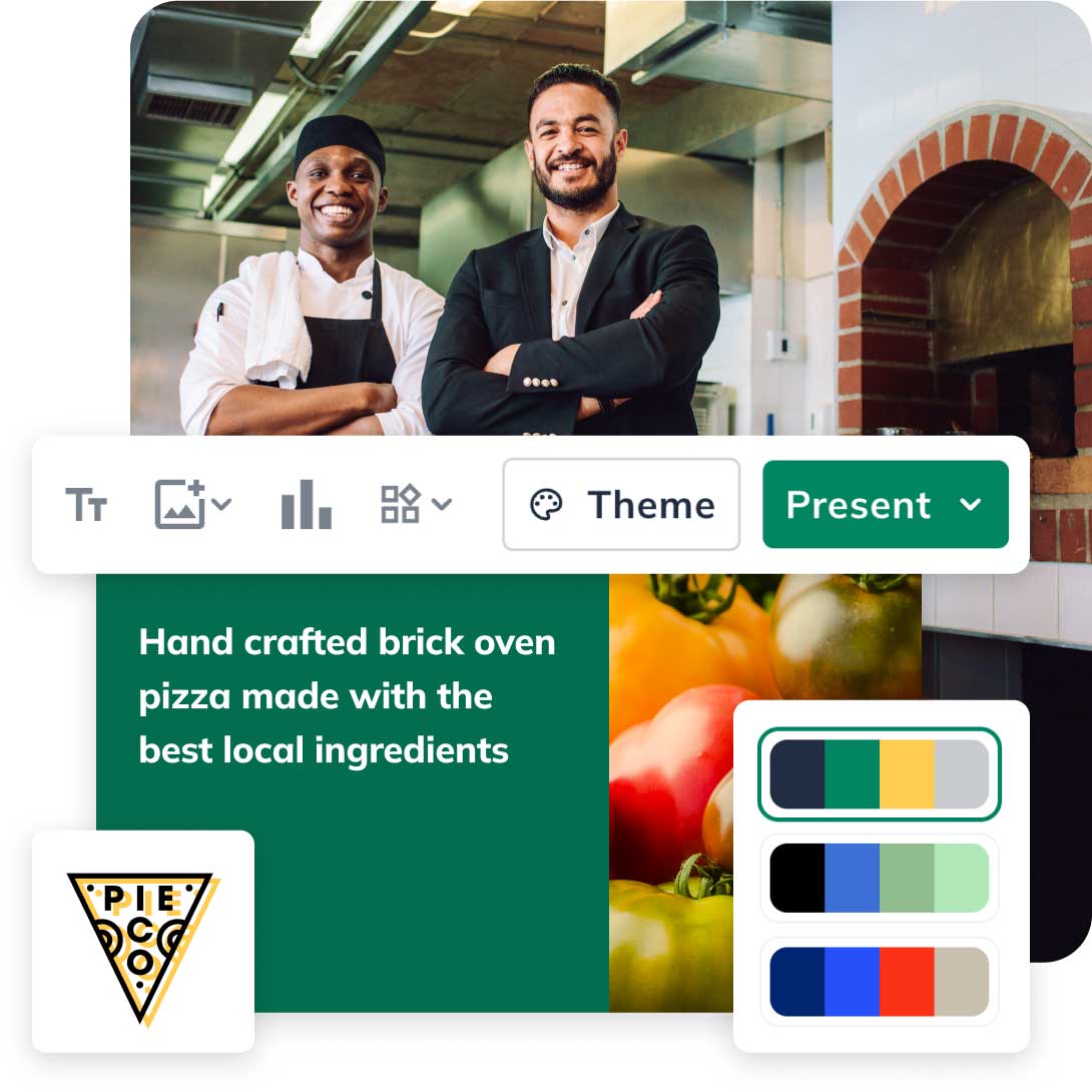 Chef and man in a suit smiling in a kitchen with a brick oven, logo, and text: "Hand crafted brick oven pizza made with the best local ingredients."