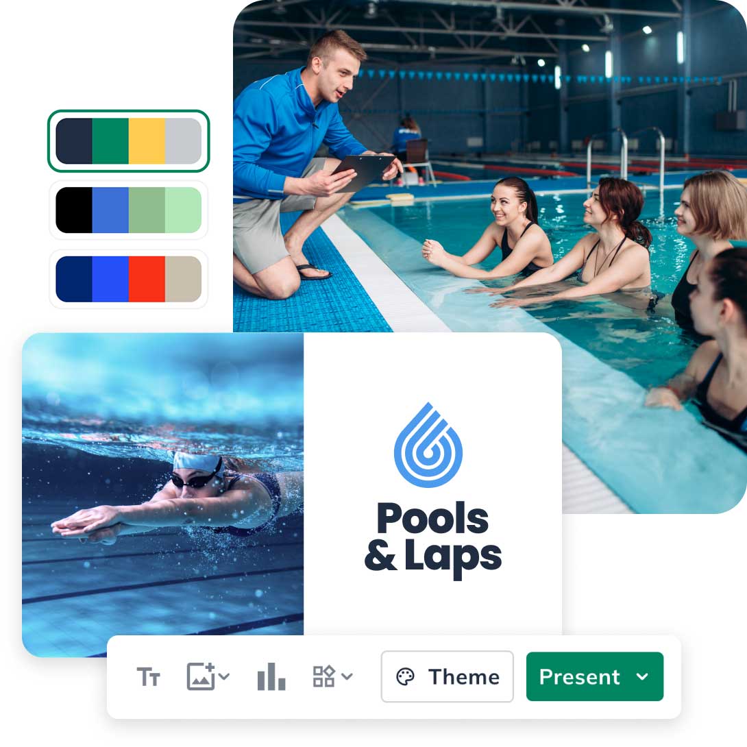 Swimming coach with tablet instructs group in pool; includes color palettes, swimmer underwater, and "Pools & Laps" logo.