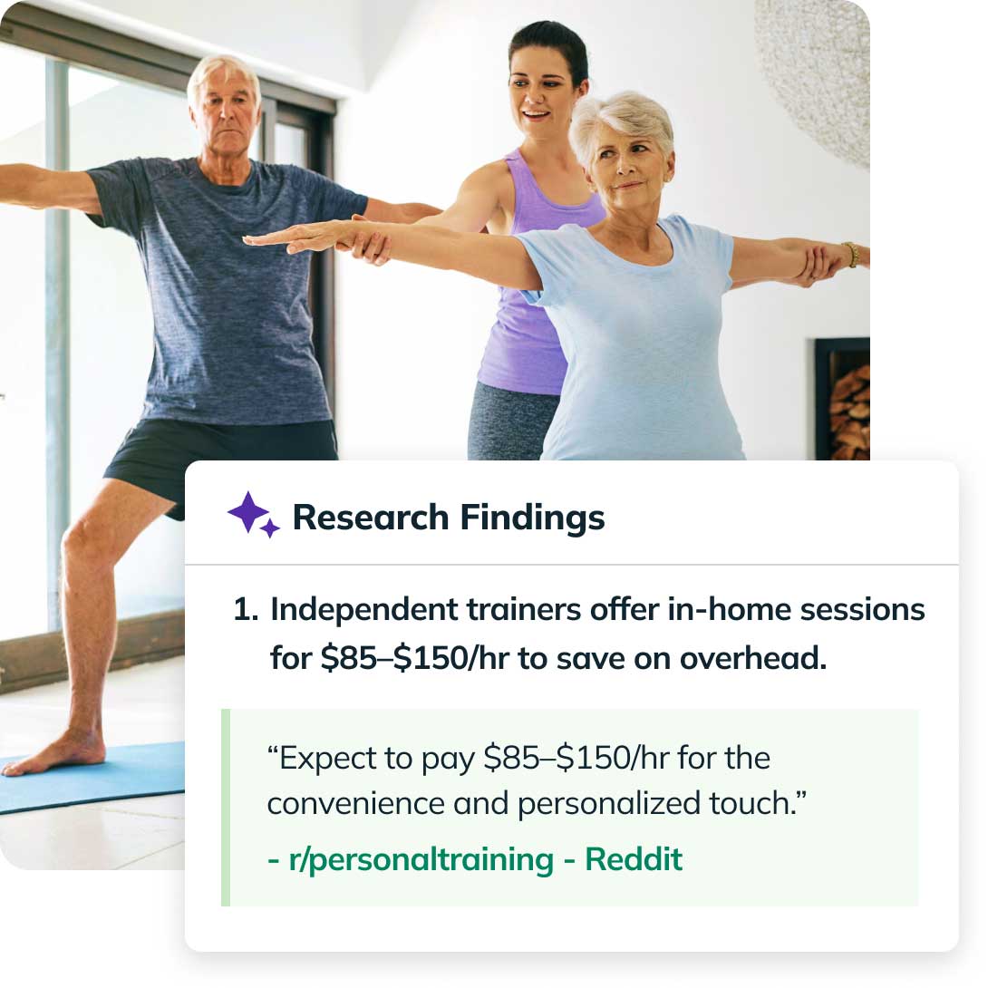 Older adults exercising with a trainer at home. Text highlights research on in-home session costs of $85-$150/hr to reduce overhead.