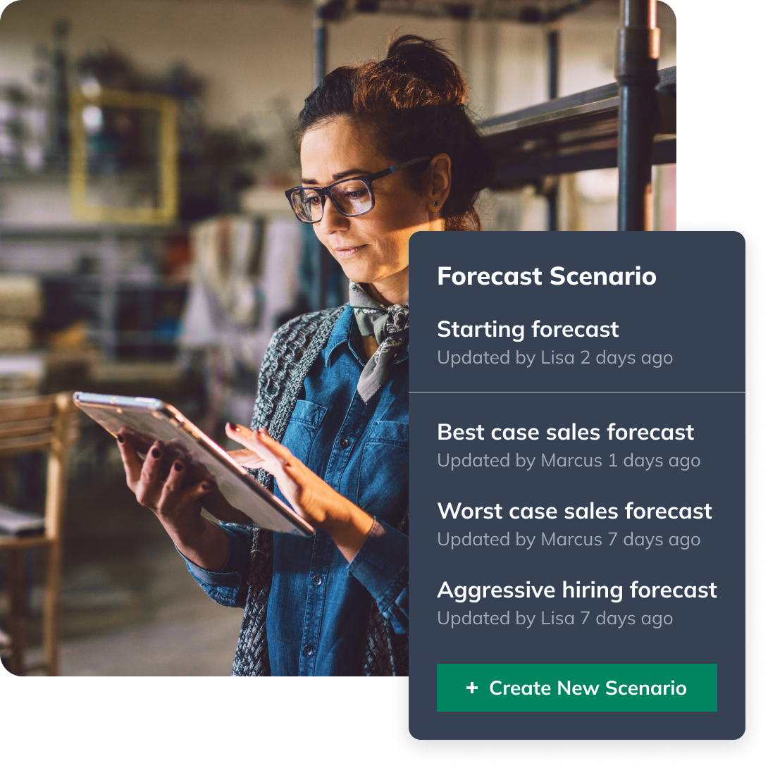 Woman working on tablet with forecast scenarios overlay