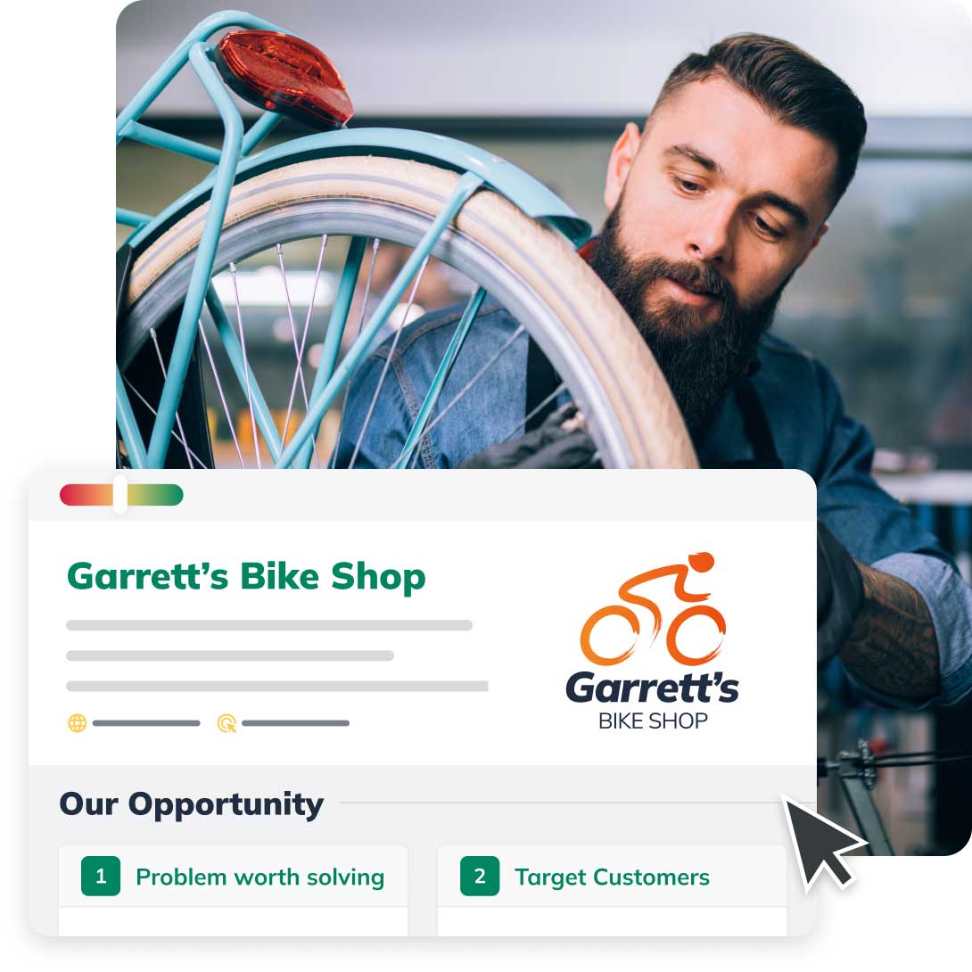 Man repairing a bicycle in Garrett's Bike Shop, with a digital overlay highlighting business opportunities and target customers.