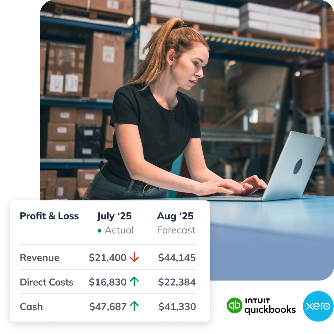 shows woman working on laptop with forecasted profit and loss and connected to accounting solutions
