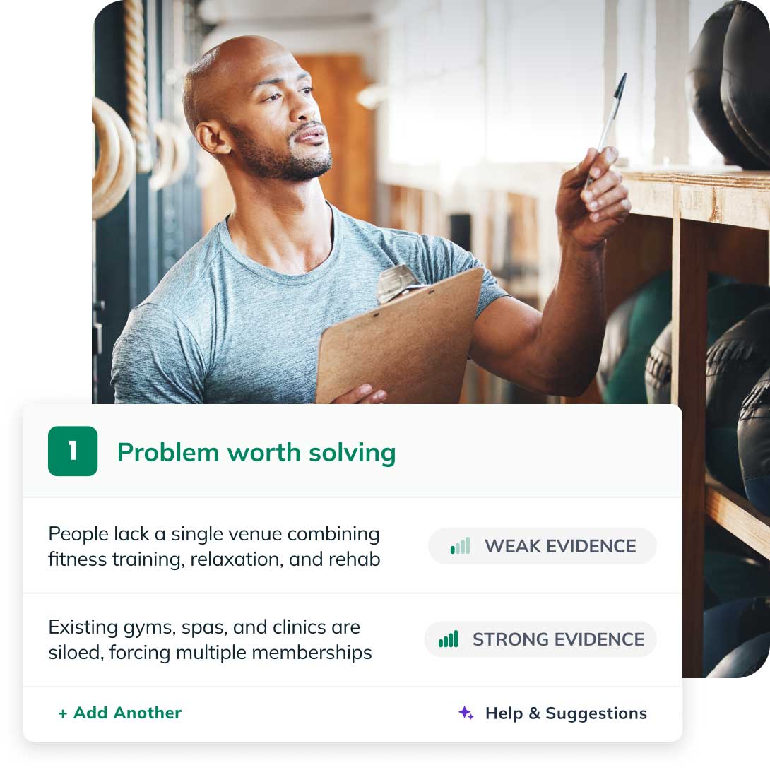 A person holds a clipboard and pen in a gym setting. Overlay text discusses the need for combined fitness, relaxation, and rehab venues.