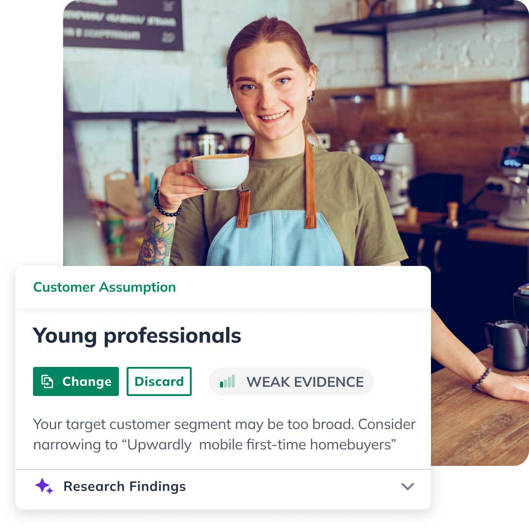 Barista smiling while holding a cup of coffee. Overlay text suggests narrowing the target audience of young professionals.