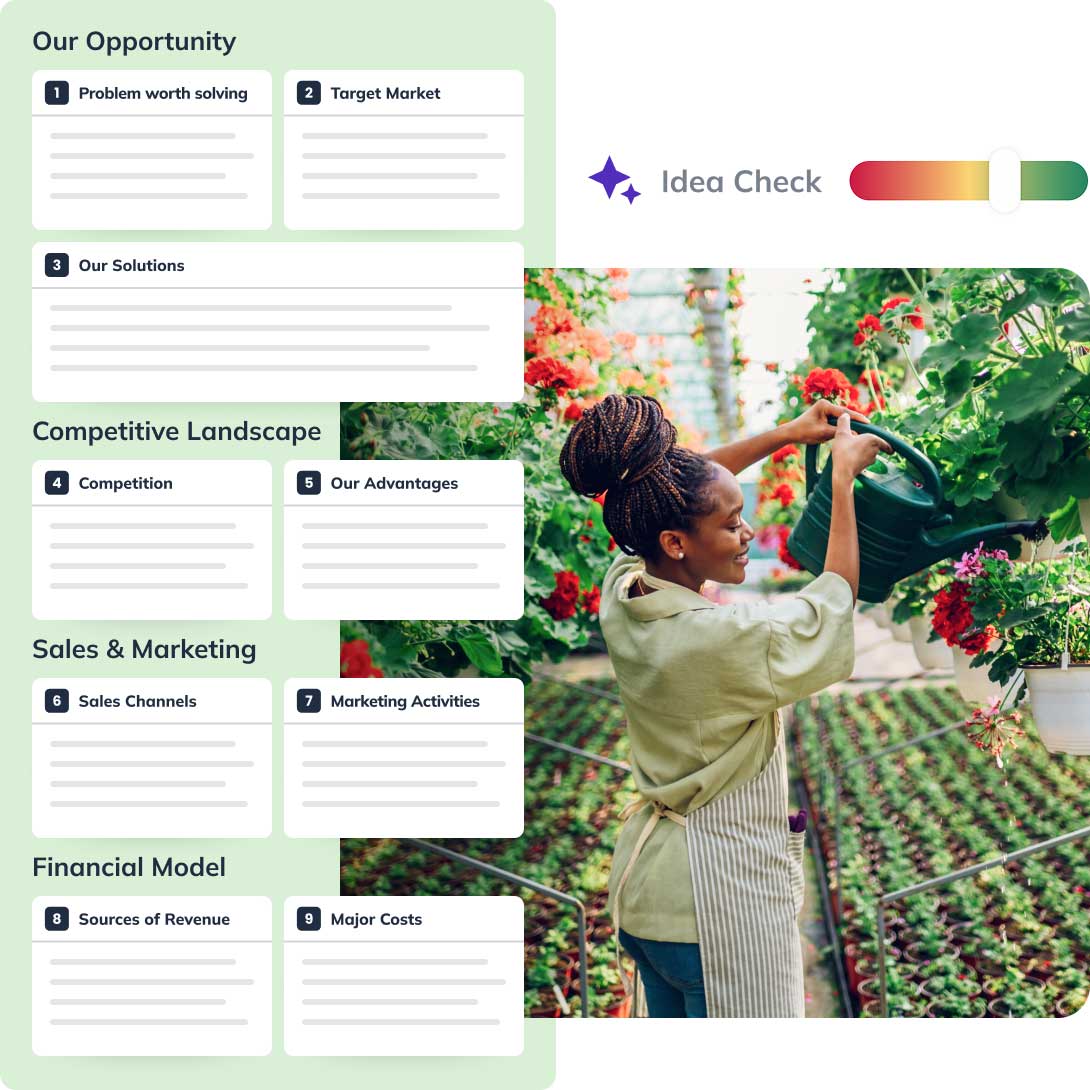 Split image: idea validation canvas on left and a person watering plants in a greenhouse on right.