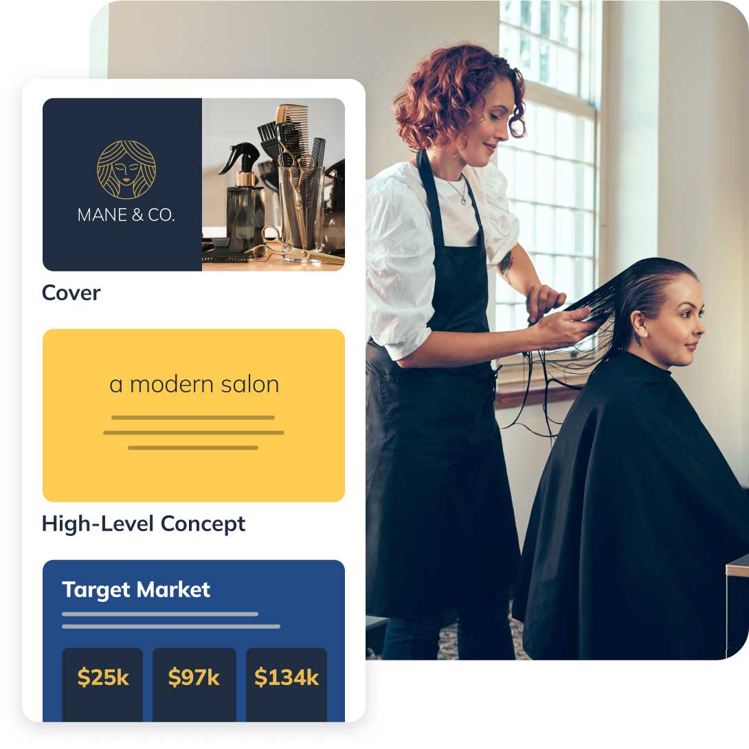 Hairstylist working in a modern salon with a client. To the left, a graphic shows salon details and target market figures.