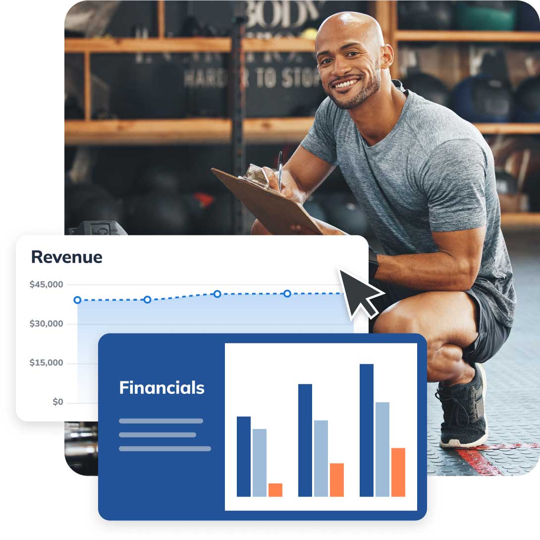 Man in gym holding clipboard, smiling. Overlaid financial charts showing revenue growth with bar and line graphs.
