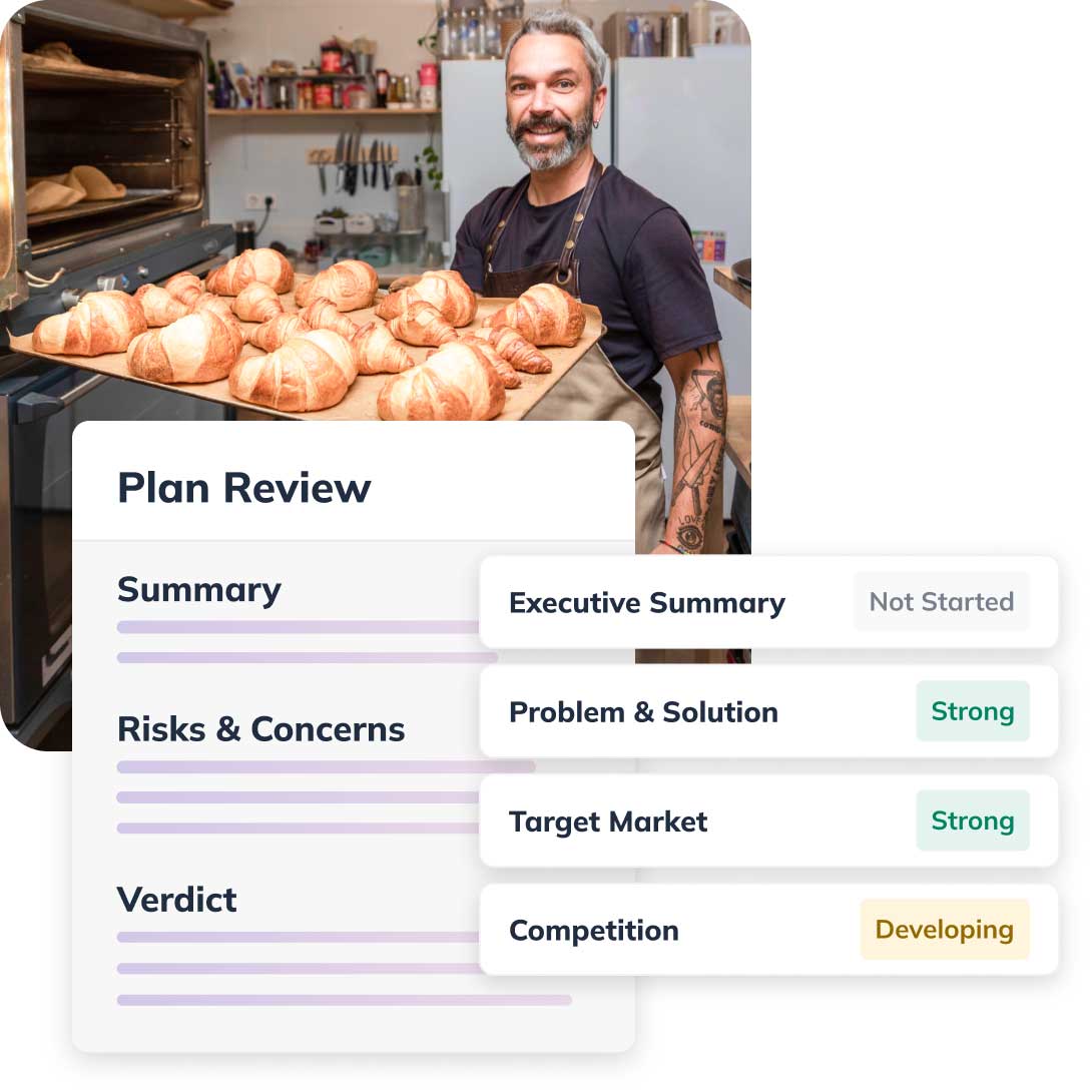 A smiling baker holds a tray of croissants with a business plan review overlay showing various progress statuses.