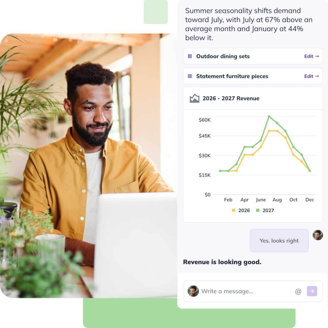 A man in a yellow shirt working on a laptop beside plants, with a graph showing revenue trends from 2026 to 2027 on a screen.