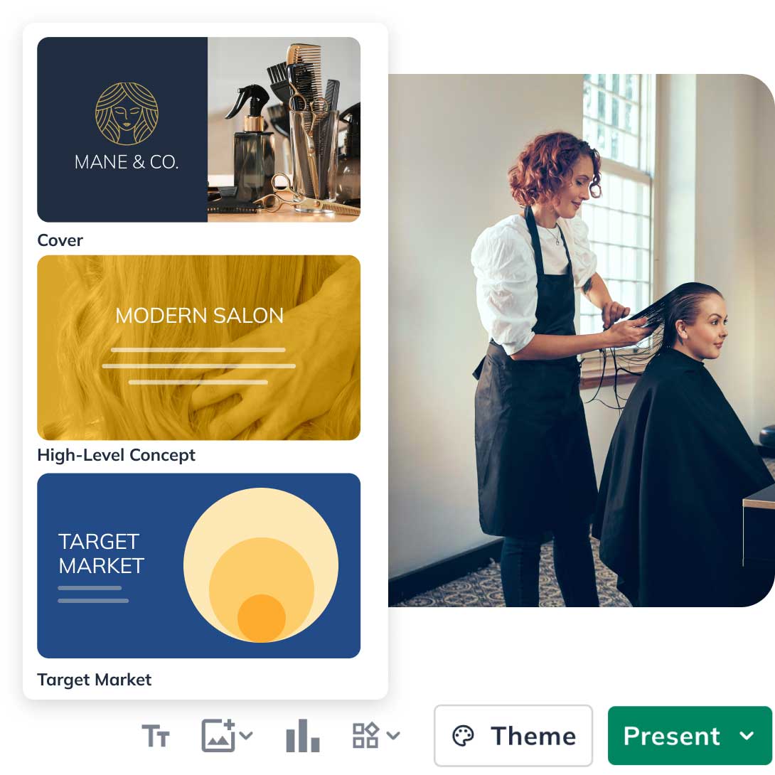 Hairdresser styling a client's hair in a salon next to a presentation slide with "Mane & Co." branding elements.
