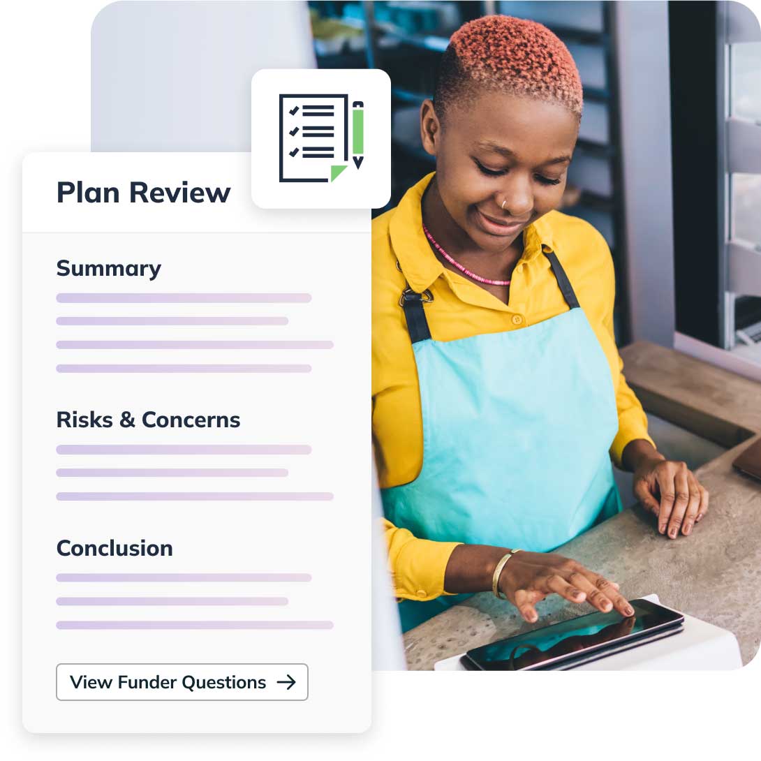 Person in a yellow shirt and blue apron using a tablet, with a "Plan Review" document overlay showing sections like Summary and Risks & Concerns.