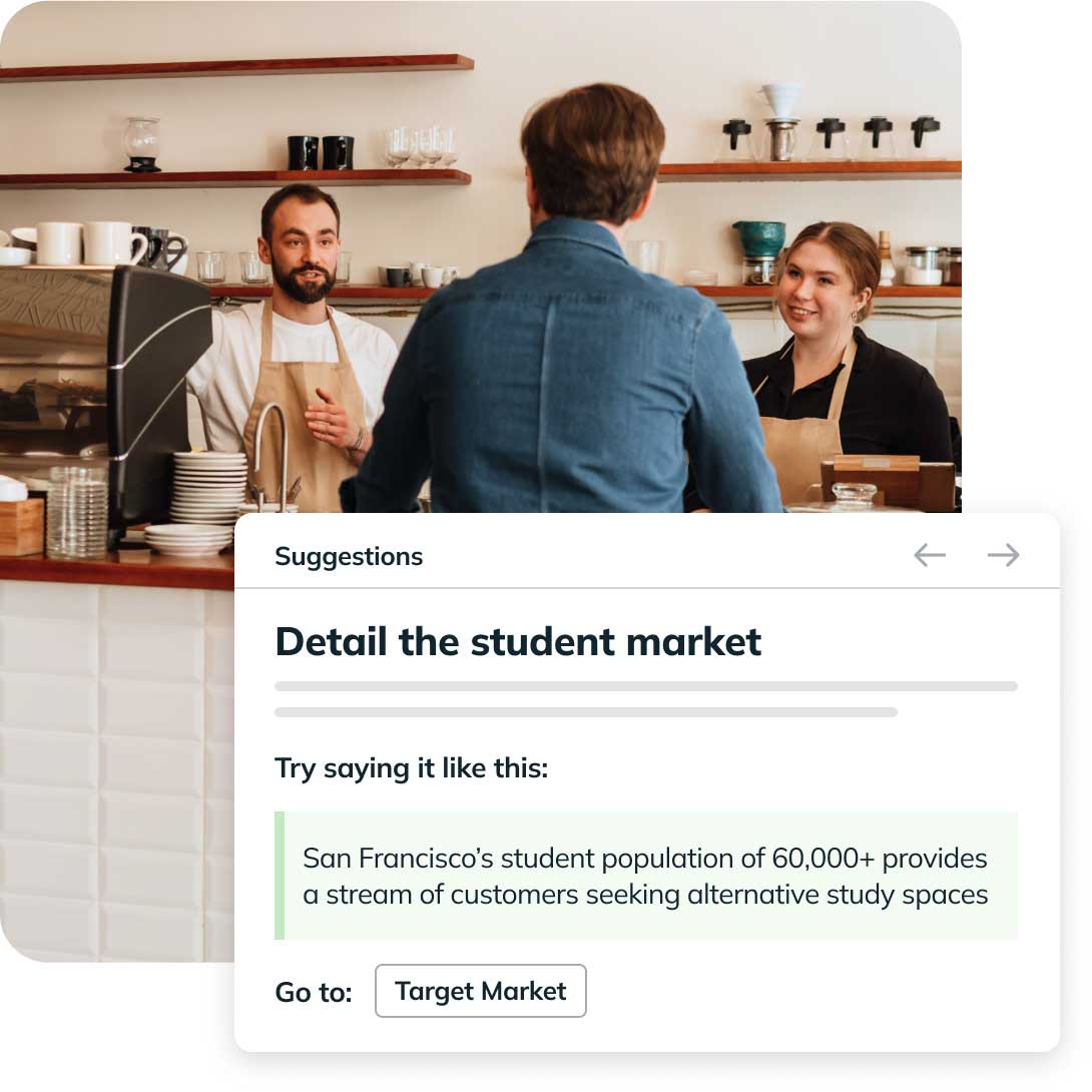 Barista and customer at a coffee shop counter, discussing suggestions for reaching the student market. Dialog box shows marketing text.