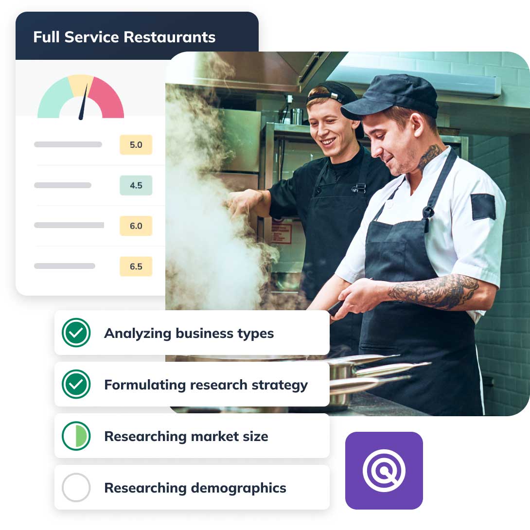 Split image: Market research report and restaurant cooks