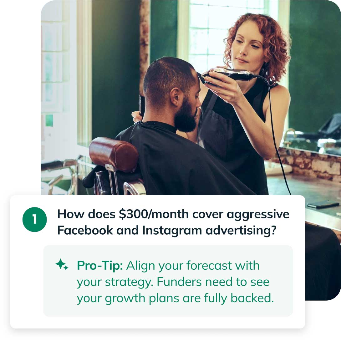 A hairstylist trims a man's hair in a salon. Text overlay discusses budgeting for social media advertising and strategy alignment.