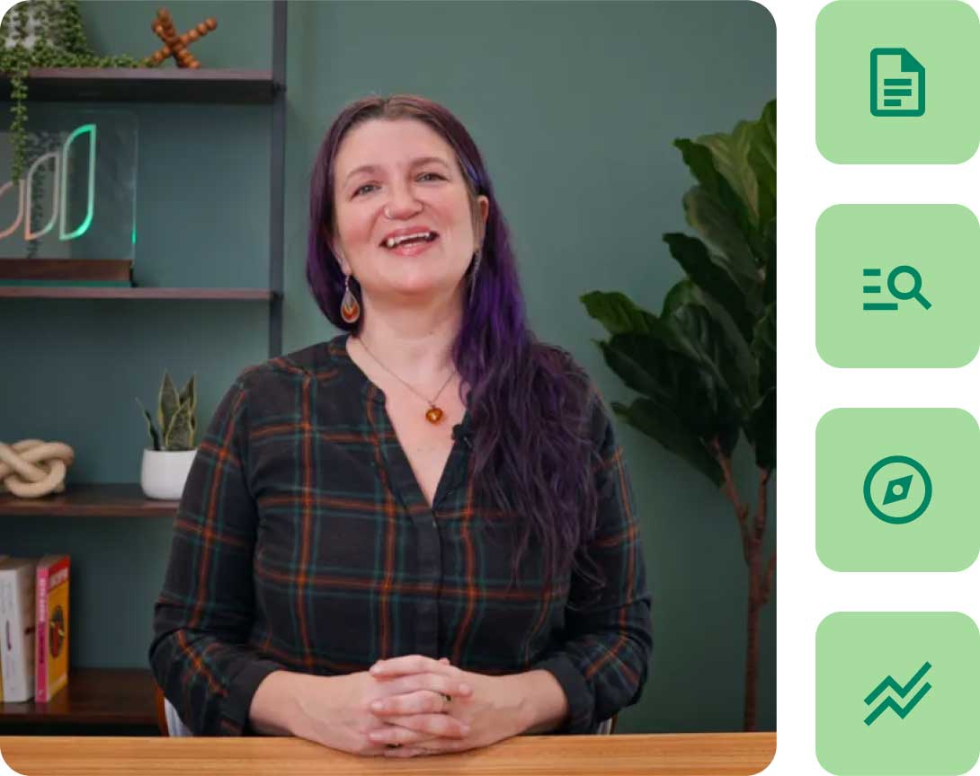 Smiling person with long hair sits at a table, surrounded by greenery. Icons of documents, magnifying glass, leaf, and chart are on the right.