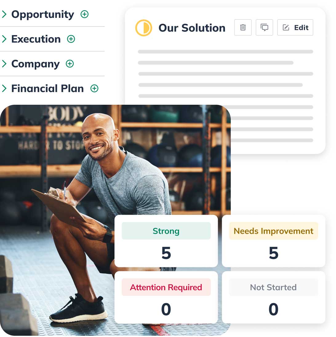 Man smiling with a clipboard in a gym, with sidebar showing categories: Opportunity, Execution, Company, Financial Plan, and performance metrics.