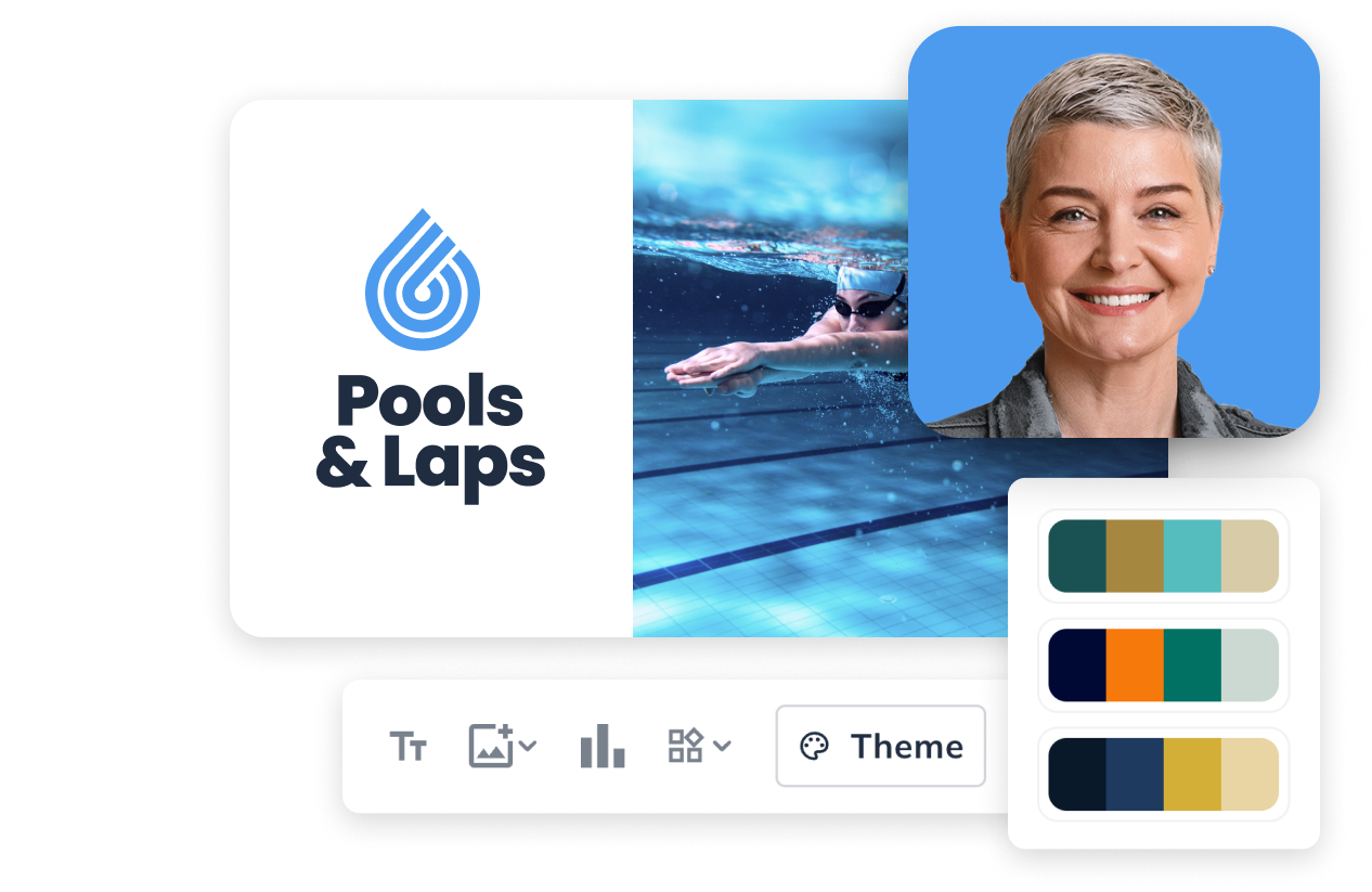 "Logo of 'Pools & Laps' with swimming imagery, a smiling person, and color palette options in the interface."