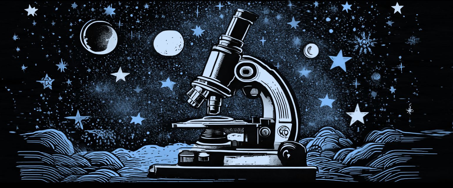 Illustration of a microscope surrounded by stars and planets, set against a starry night sky, blending science and space themes.