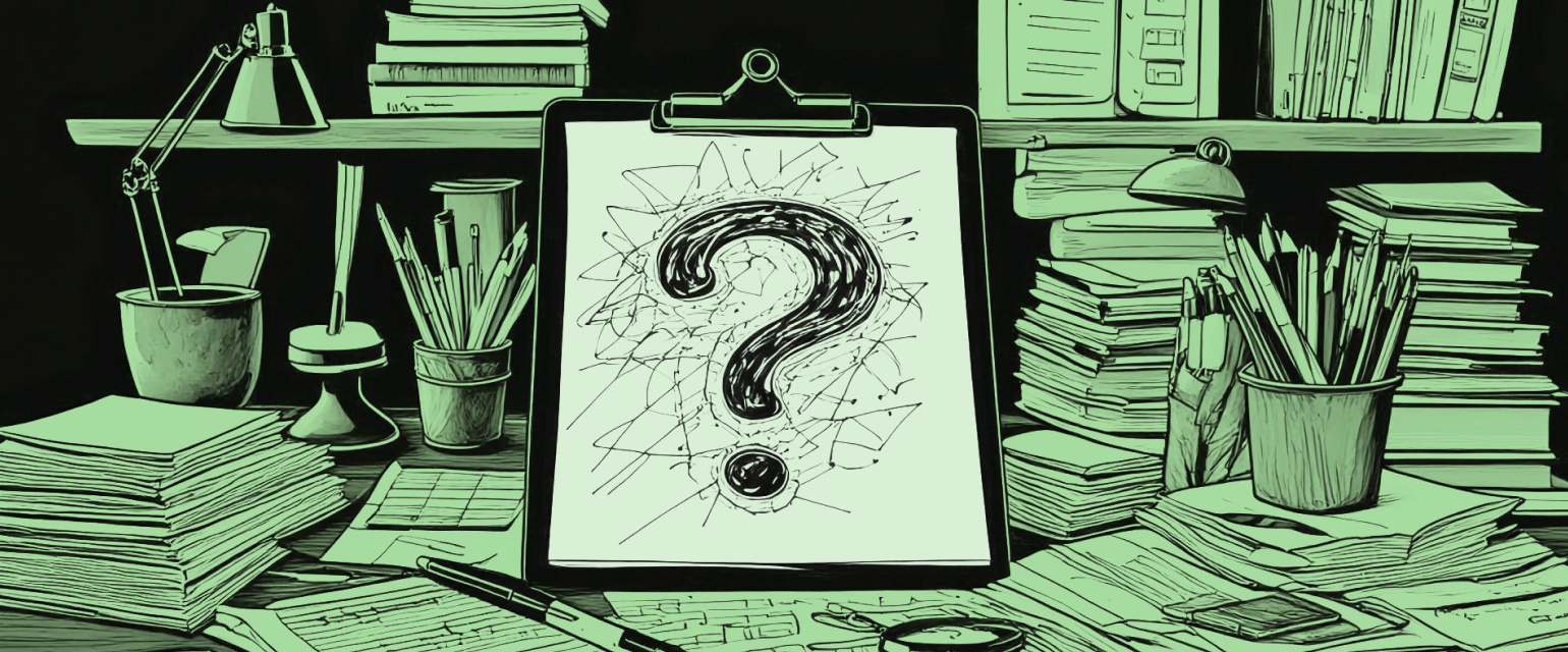 A cluttered desk with stacks of papers, books, and stationery surrounding a clipboard featuring a large question mark.