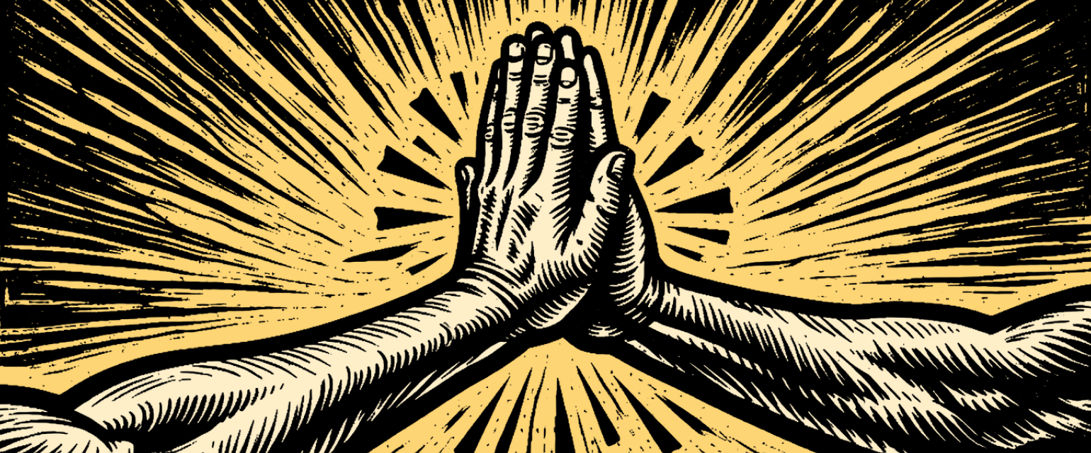 Illustration of two hands high-fiving with a burst of rays in the background, depicted in a vintage woodcut style.