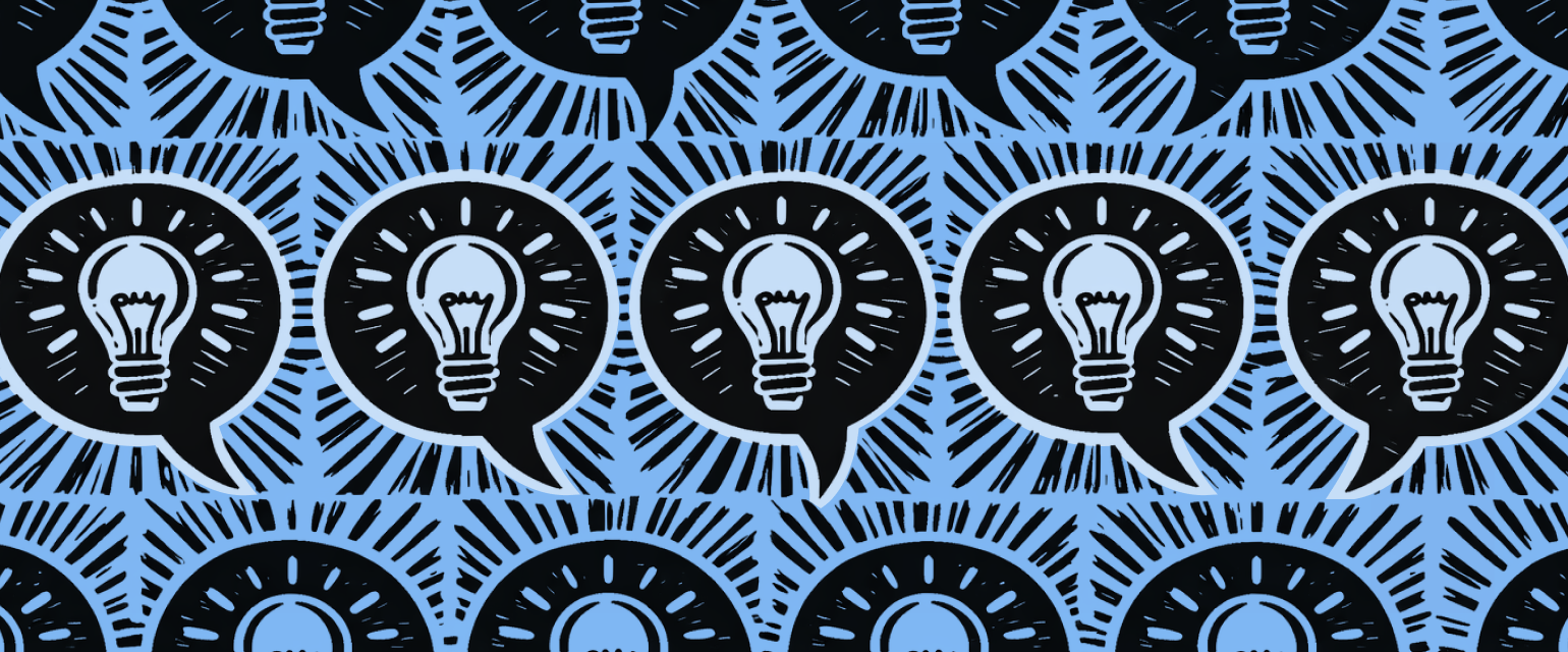Pattern of light bulbs inside speech bubbles on a blue background with radiating lines.