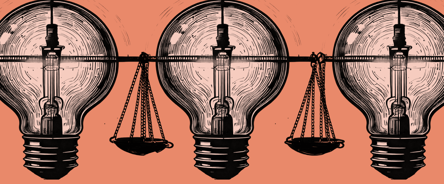 Illustration of light bulbs along a rod, with one bulb holding scales of justice. The background is a solid orange color.